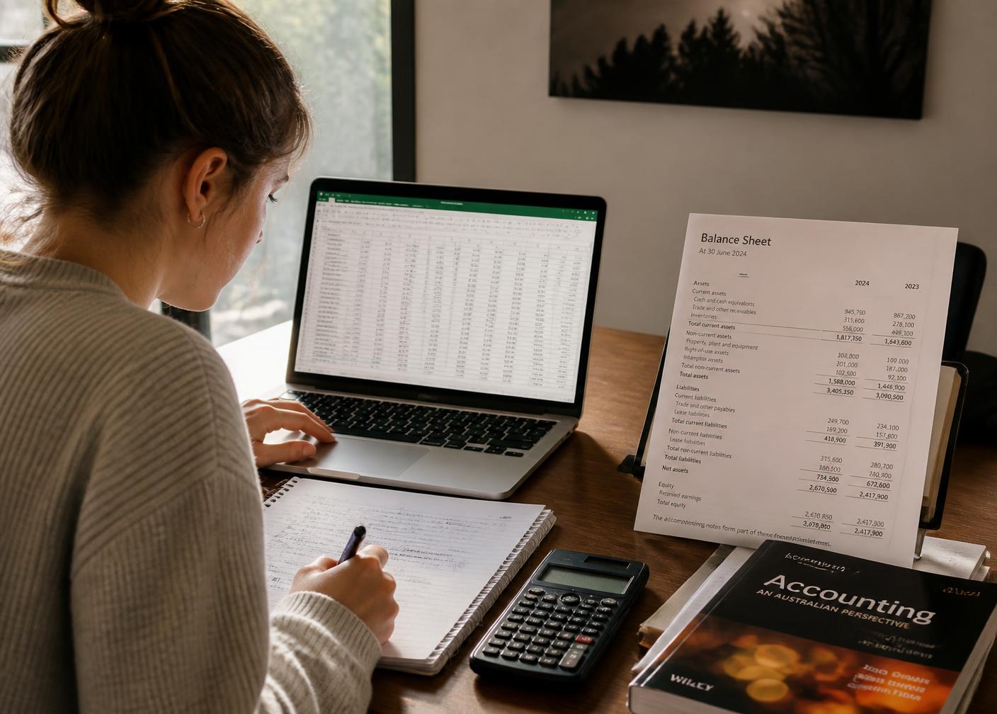 Australian university student working on an accounting assignment with a laptop spreadsheet, balance sheet and calculator