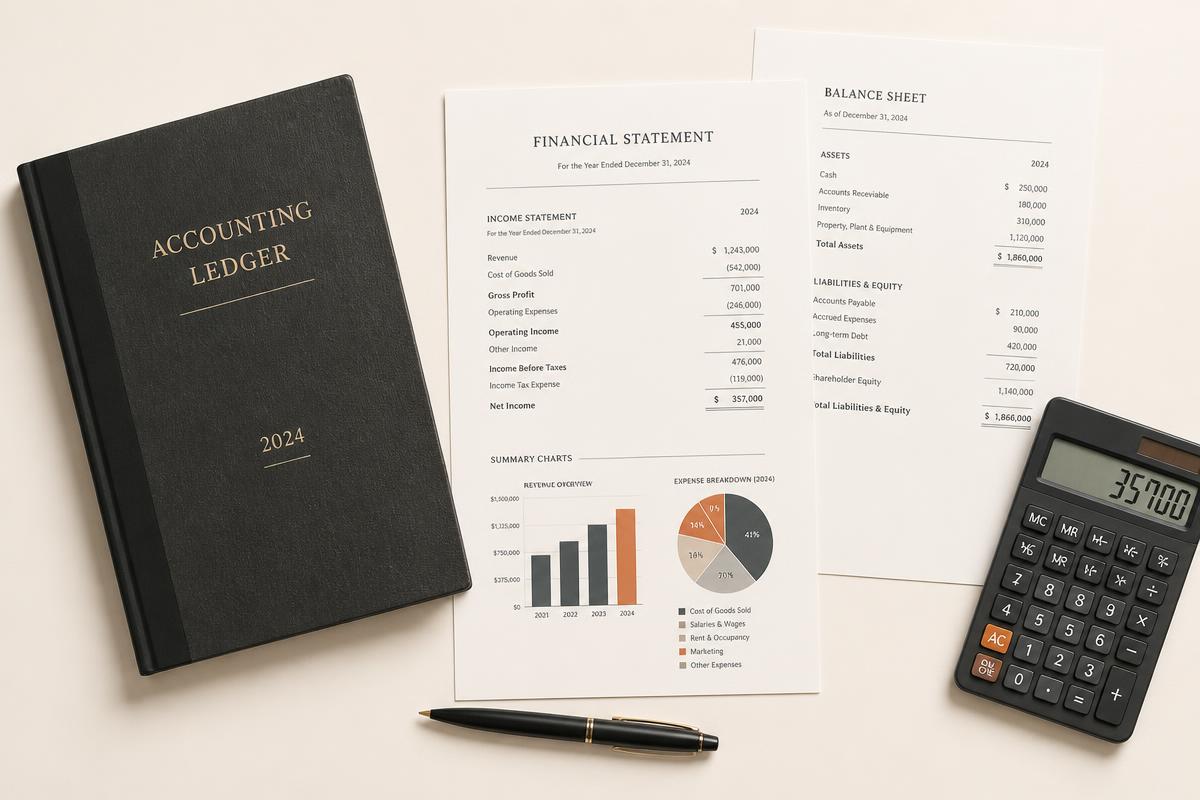 Accounting ledger, financial statement with charts and a calculator laid out on a desk